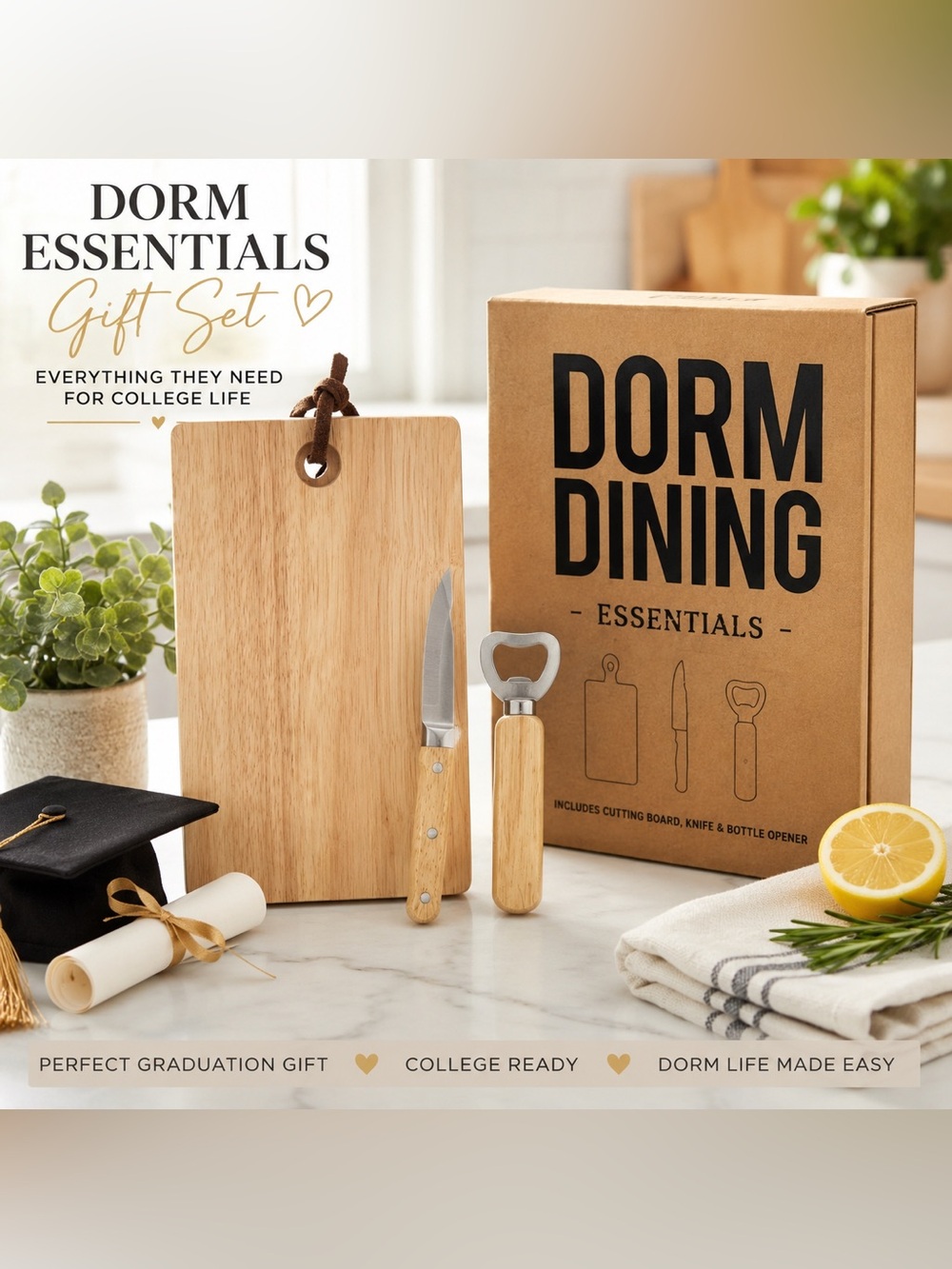 Dorm Essentials Gift Set Graduation Gift Cutting Board Knife Bottle Opener NWT